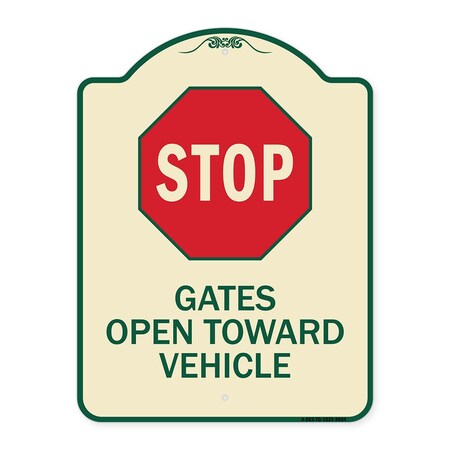 Signmission Designer Series-Stop Gates Open Toward Vehicle Tan & Green Heavy-Gauge Alum, 24" x 18", TG-1824-9884 A-DES-TG-1824-9884